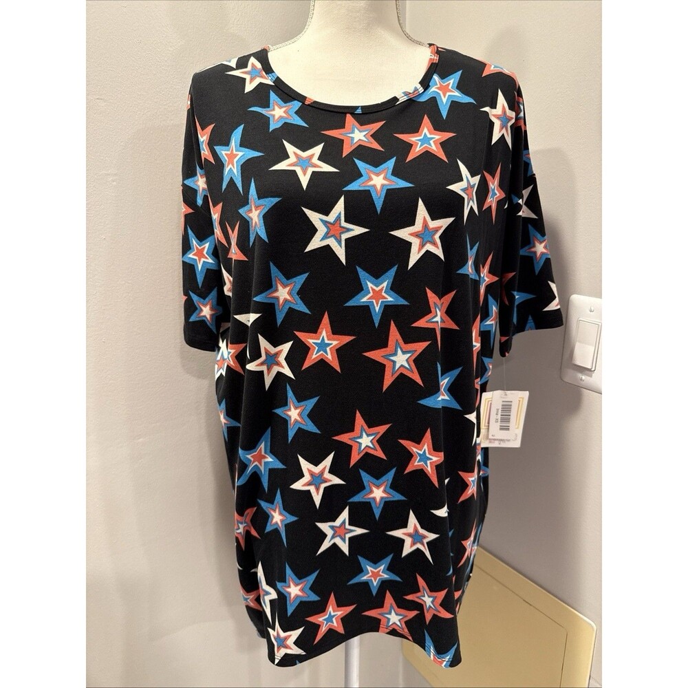 NEW LuLaRoe Irma STARS Patriotic Black Red, White, Blue Stars Size XS Hi Low